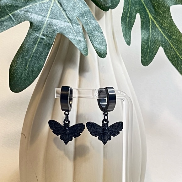 Dainty Goth Hoop Earrings,  Moon, Moth and Star Hoop Set, Edgy all Black Hoops - Picture 5 of 14